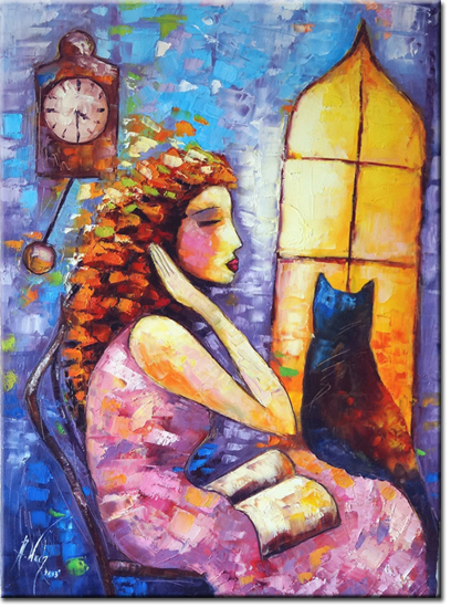 obraz jak malowany kobieta i kot