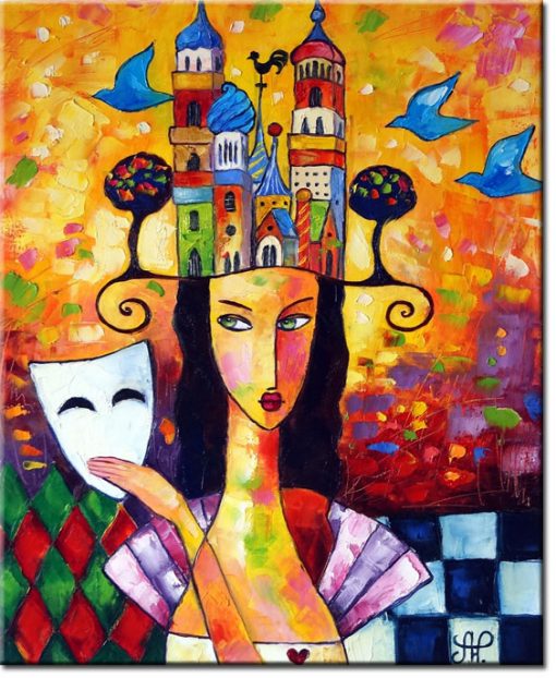 obraz kolorowe budynki i kobieta