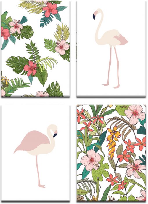 Kolorowy zestaw plakatów z flamingami