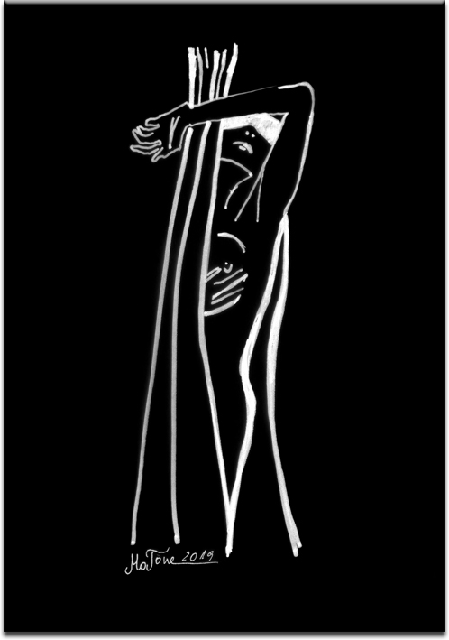 Czarno-biały plakat z rysunkiem kobiety