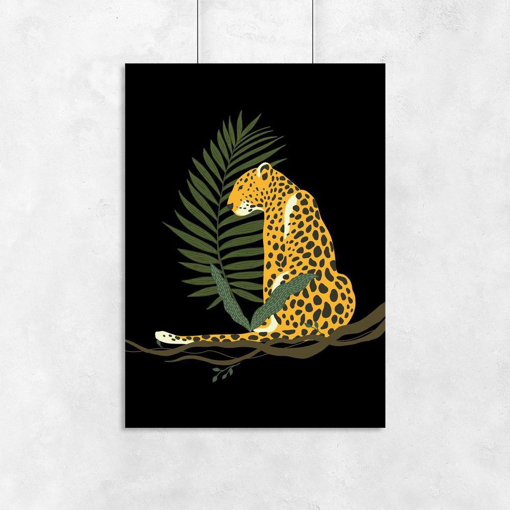 Plakat ścianę z motywem geparda i zielonych liści palmy