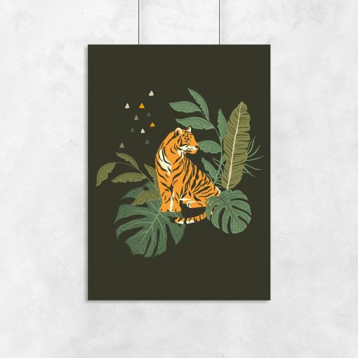 Plakat tropikalne liście i tygrys