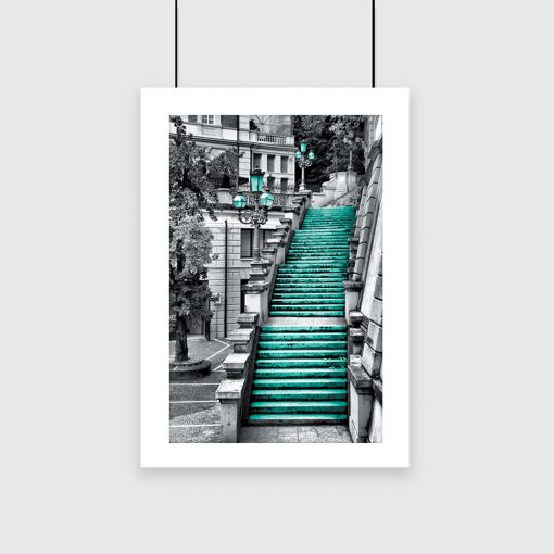 turkusowy plakat ze schodami