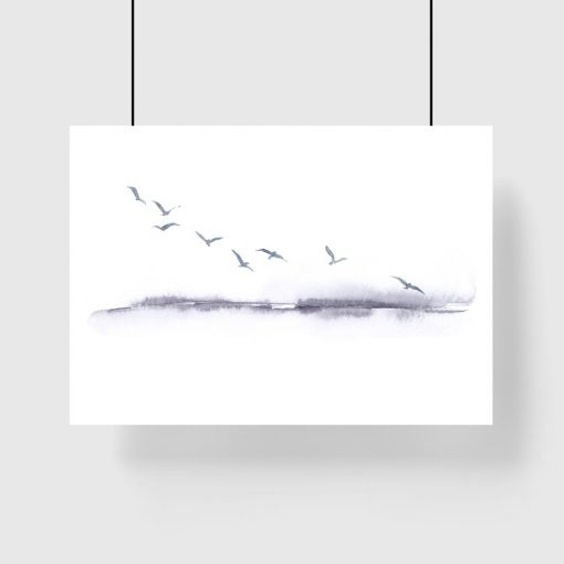 plakat lecące ptaki i krajobraz