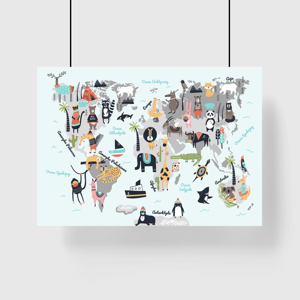 Kolorowy plakat z mapy świata i zwierząt