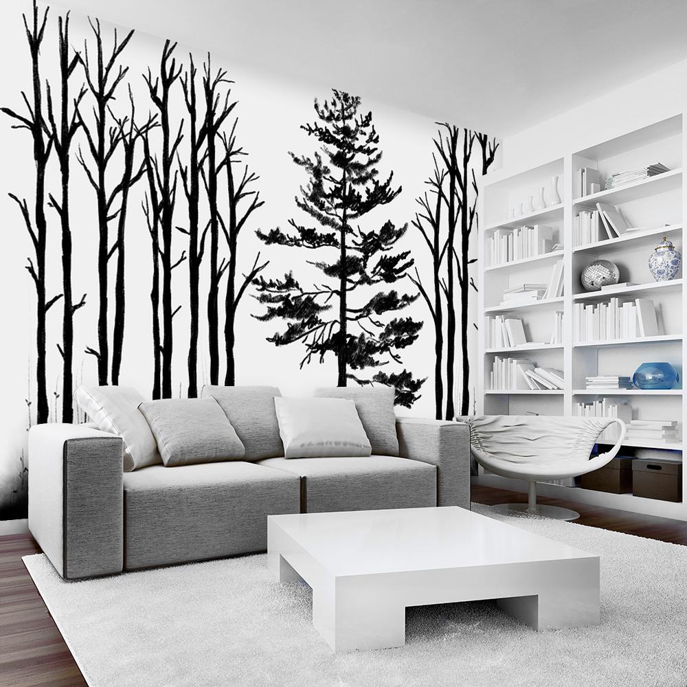 Czarnobiała fototapeta z motywem minimalistycznego lasu