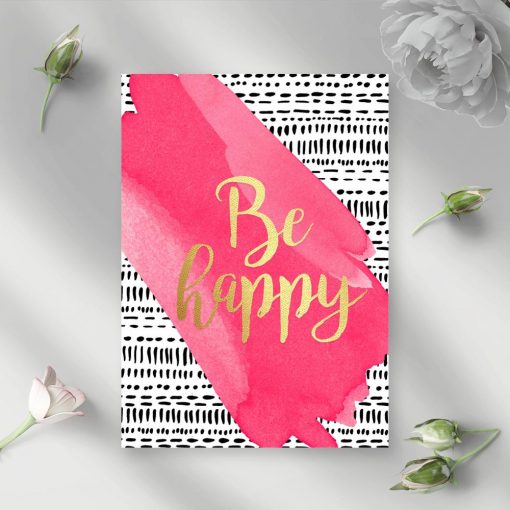 plakat o radości na różowym tle
