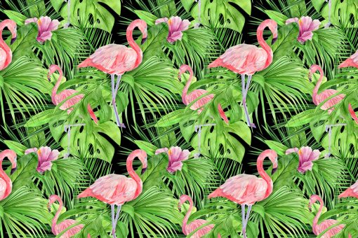 tropiki zielone z różowymi flamingami na fototapecie