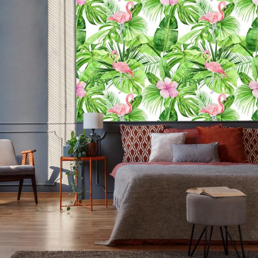 Foto-tapeta z zielonymi liśćmi i flamingami