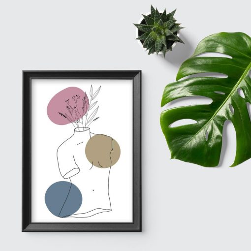 Plakat z zarysem postaci, roślinami i plamami