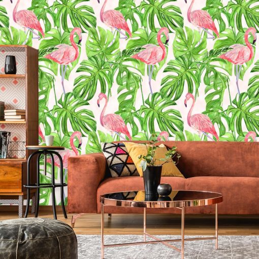 foto-tapeta w różowe flamingi i zielone liście