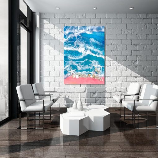 dekoracja do salonu obraz z morzem z kamieniami dekoracja różowo niebieska
