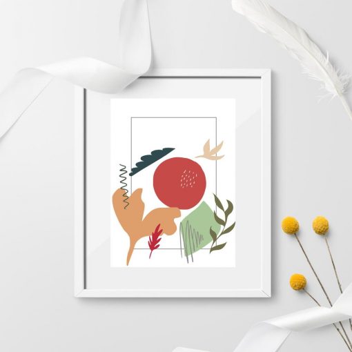 Pastelowy plakat z motywem roślin i abstrakcji