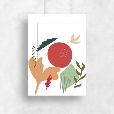 Kolorowy plakat z roślinami i abstrakcyjnym pejzażem