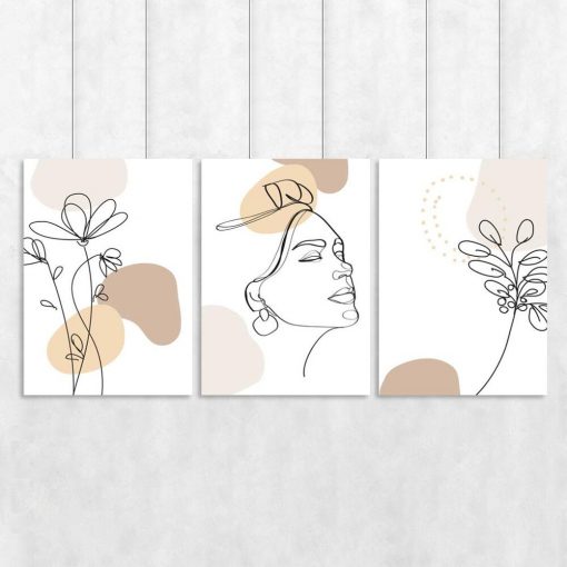 Komplet trzech plakatów z kobiecą twarzą oraz kwiatami