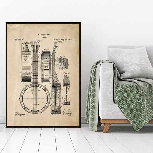 Poster z reprodukcją rysunku patentowego - Bandżo do wnętrz vintage