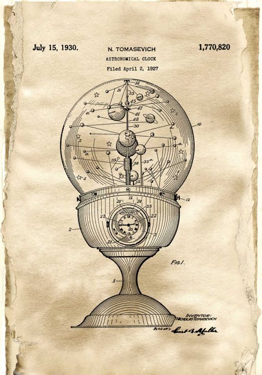 Plakat z patentem na zegar astronomiczny do przedpokoju