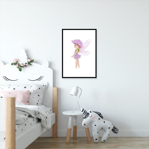 Liliowy plakat z leśną wróżką do pokoju dziewczynki