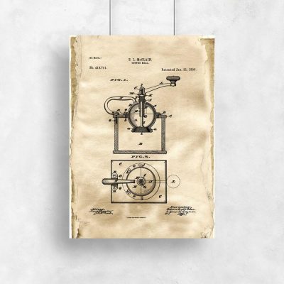 Plakat z reprodukcją rysunku patentowego młynka do kawy do kawiarni