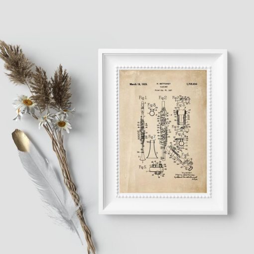 Plakat w sepii z rysunkiem patentowym klarnetu
