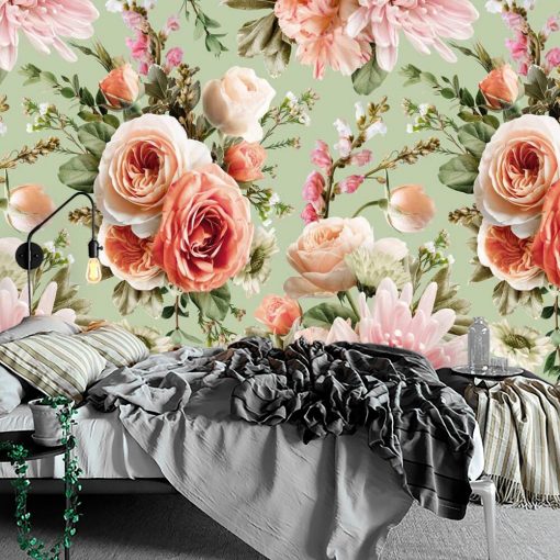 Kobieca fototapeta z różami na miętowym tle do sypialni