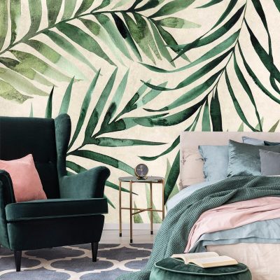 Liście palmy na tapecie do dekoracji sypialni