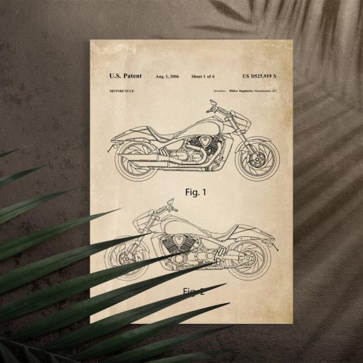 Plakat stylizowany na retro z patentem na motocykl