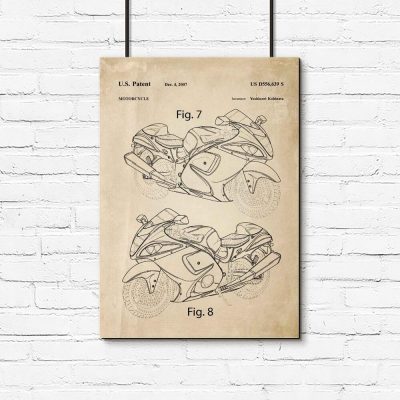 Plakat z patentem na motocykl do garażu