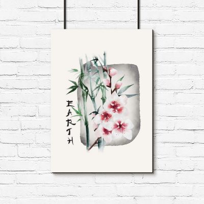 Plakat z bambusem i kwiatami