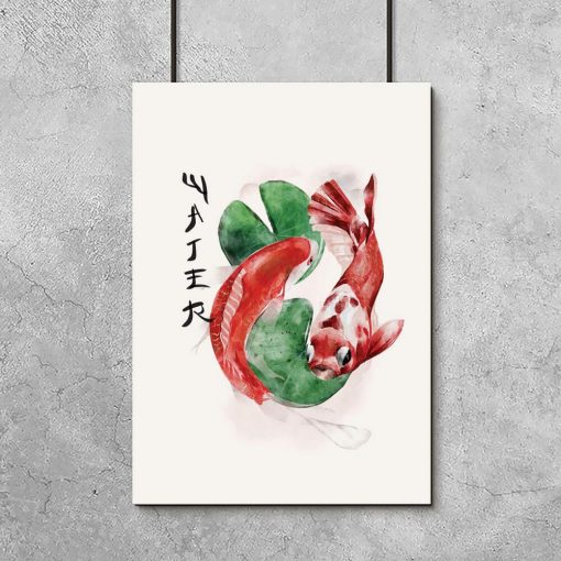 Plakat z japońskimi rybami i napisem woda
