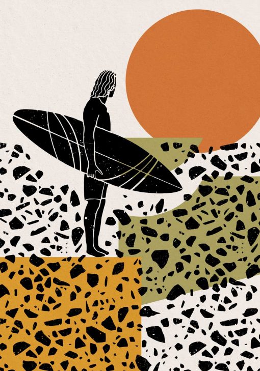 Plakat surfer na plaży o zachodzie słońca