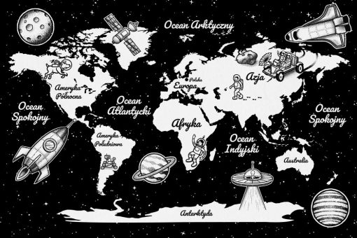 Czarno-biała tapeta z mapą świata do przedszkola