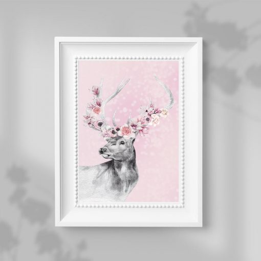 Plakat kwiaty i jeleń na różowym tle