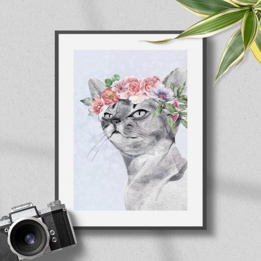 Plakat portret kota z kwiatowym wianku