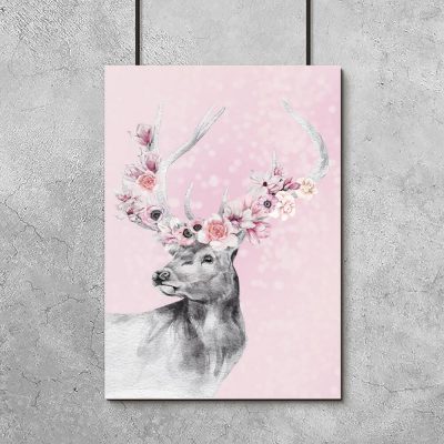Plakat z jeleniem na różowym tle