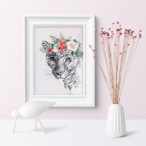 Plakat z motywem lamparta i kwiatami