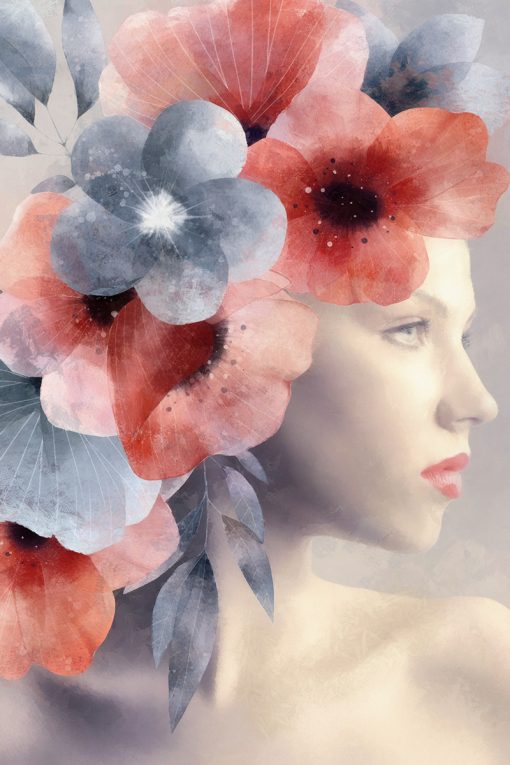 Obraz z kwiatami i kobietą w stonowanych kolorach
