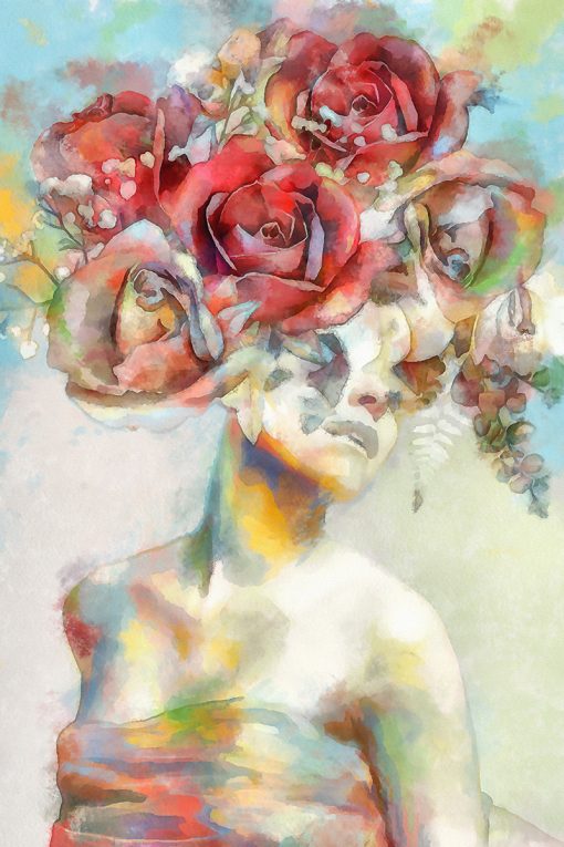 Obraz z pastelową dziewczyną i kwiatami