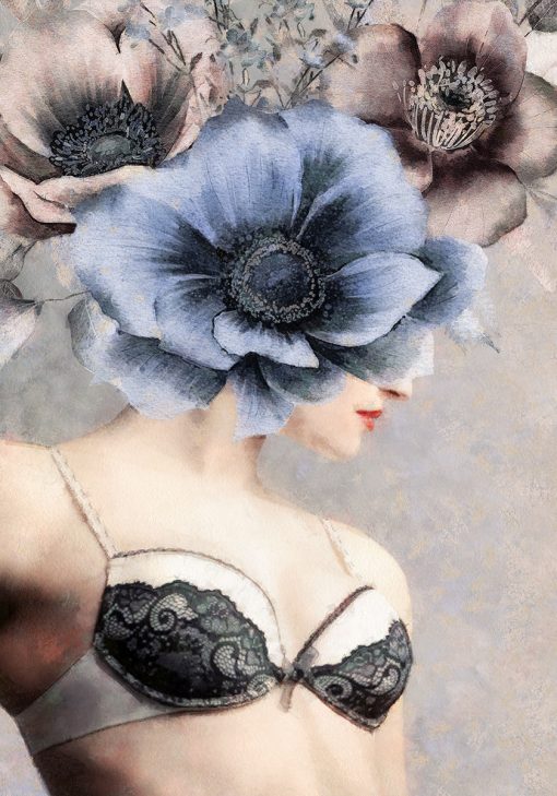 Plakat kobieta w bieliźnie i niebieski anemon