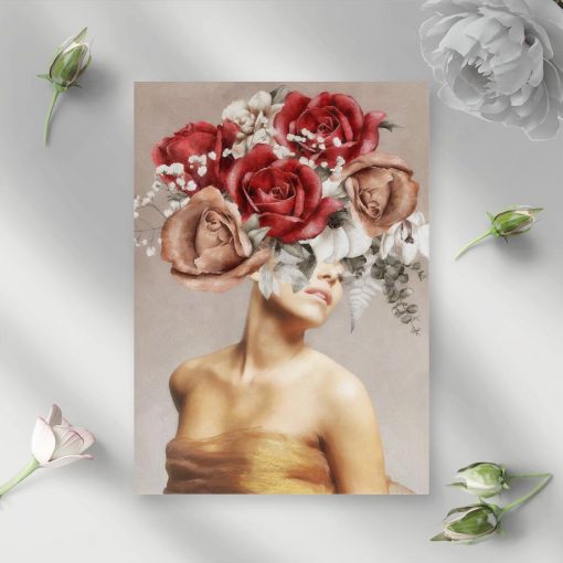 Plakat z różanym stroikiem i kobietą