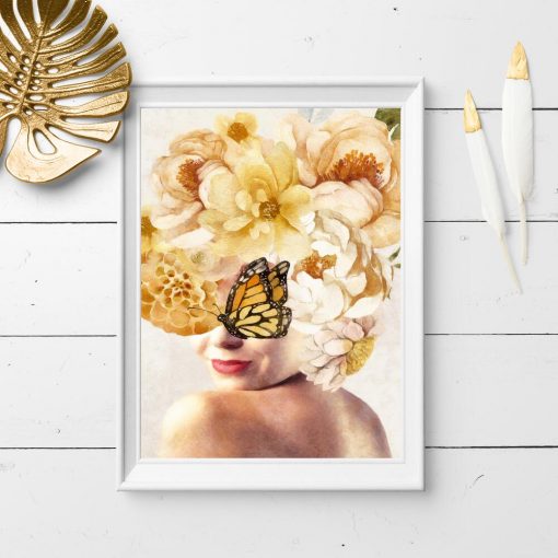 Plakat z żółtym motylem i kobietą
