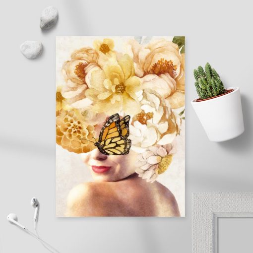 Plakat z żółtymi kwiatami i kobietą