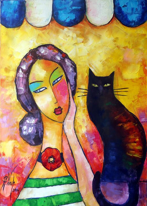 Obraz z czarnym kotem i kobietą
