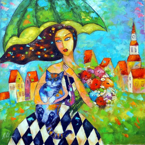 Obraz z dziewczyną pod parasolką
