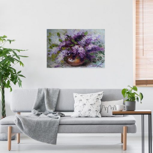 Obraz z fioletowym bzem w wazonie