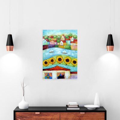 Obraz ze słonecznikami nad rzeką