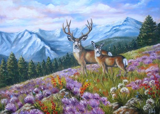 Obraz z jeleniami na kwitnącej łące