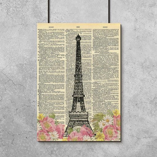 Plakat z motywem wieży Eiffla i różowymi kwiatami