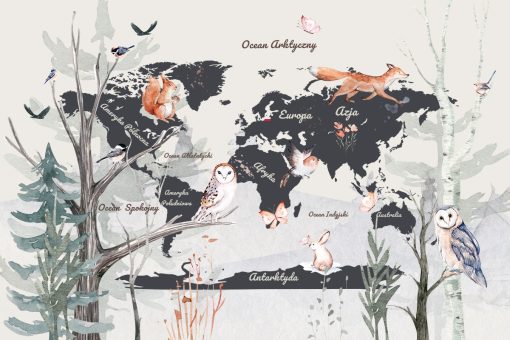 Mapa świata na tapecie ze zwierzętami
