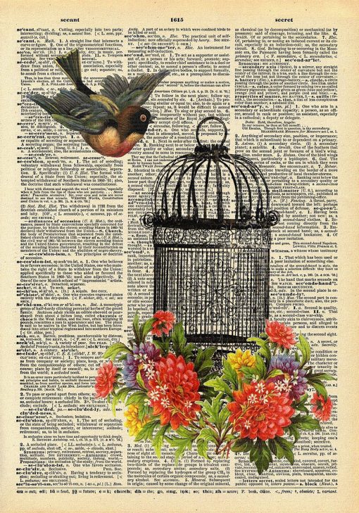 Plakat z ptakiem i klatką w kolorze sepii